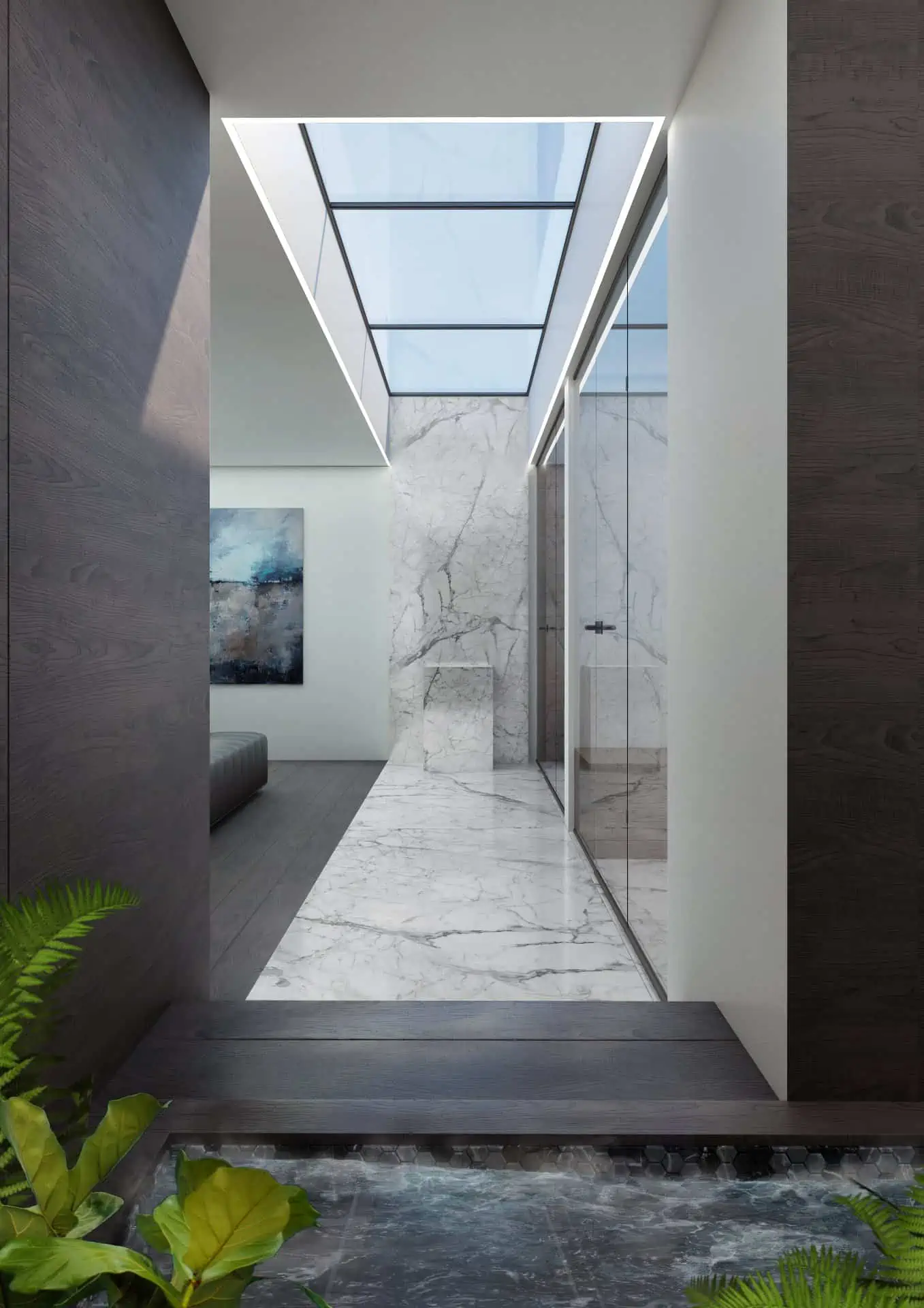 a hallway with a glass door and a plant