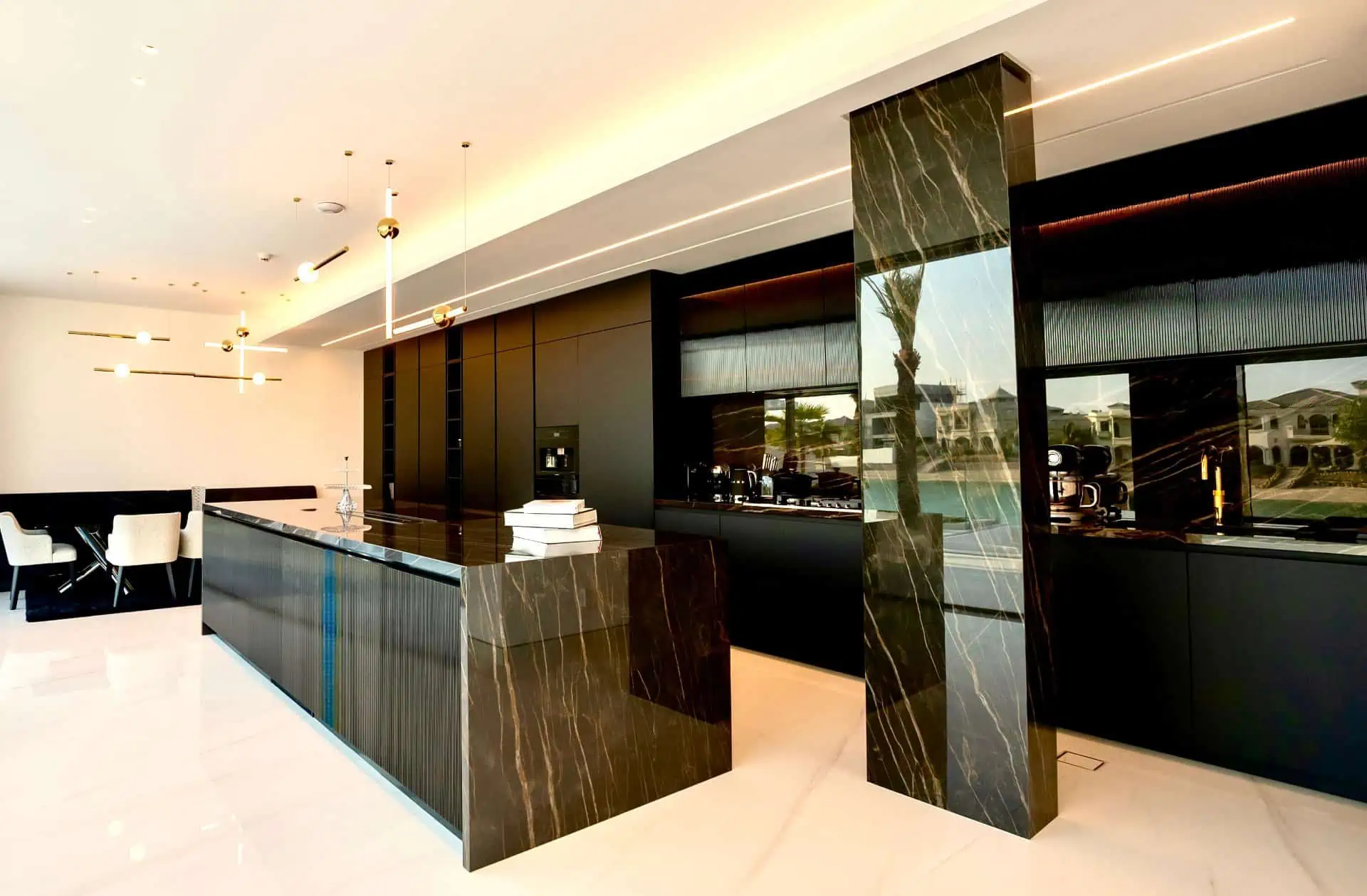 a black marble counter in a room