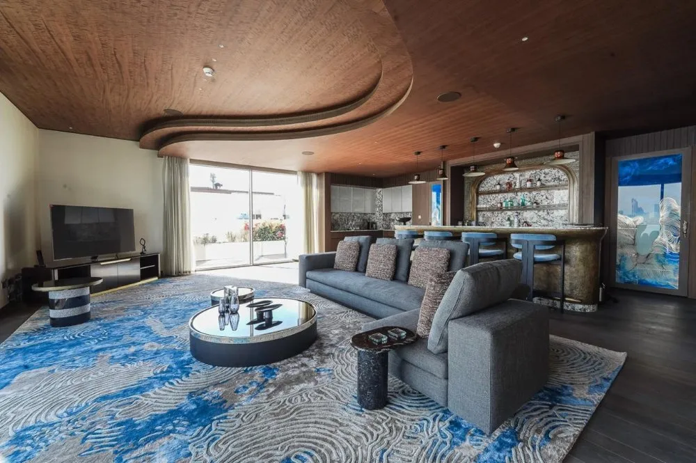 Modern living room with a curved ceiling, gray sofa, blue area rug, a stylish bar, and large windows offering natural light.