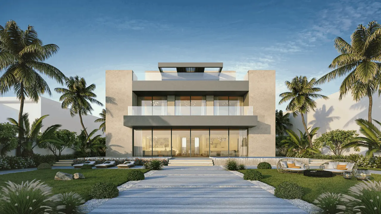 A beautiful modern home surrounded by palm trees and a walkway leading to the entrance.
