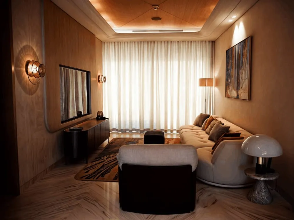 Cozy living room featuring a comfortable couch, a stylish lamp, and a television for entertainment.