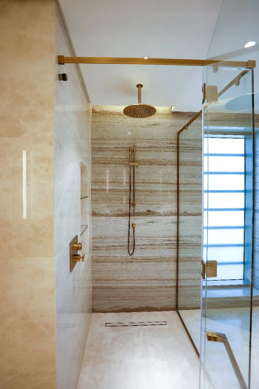 a shower with a glass door