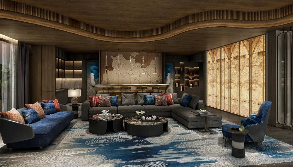 Inviting living room featuring stylish blue and gold decor, creating a warm and elegant atmosphere.