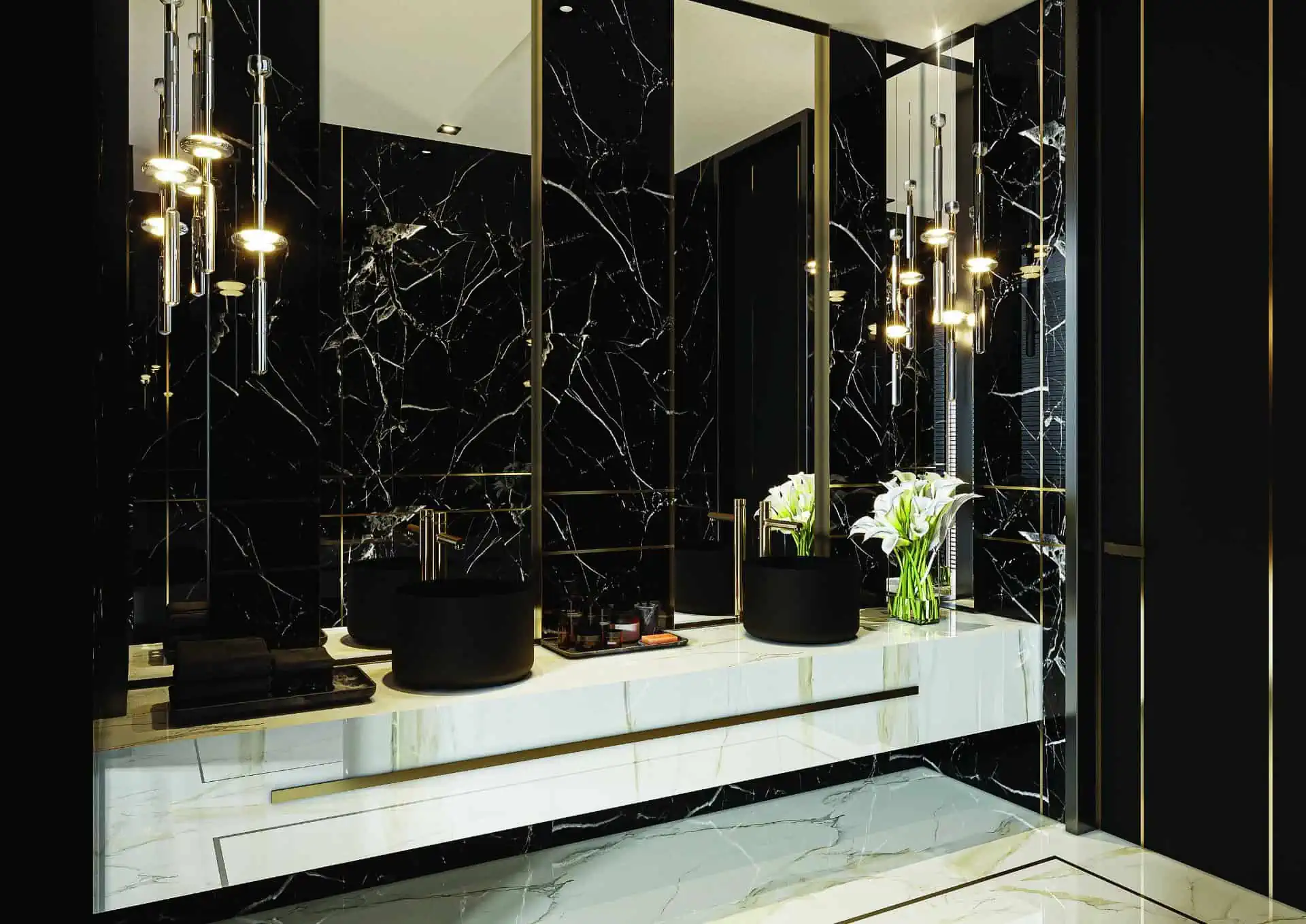 a bathroom with a marble countertop and a sink